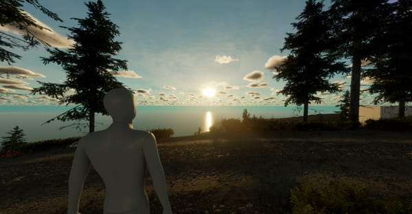 Over-the-shoulder shot of a player character standing atop a mountain, looking out over the ocean at the rising sun.