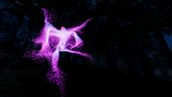 A dark forest environment, with a bright purple and white, star-shaped entity made up of particles. 